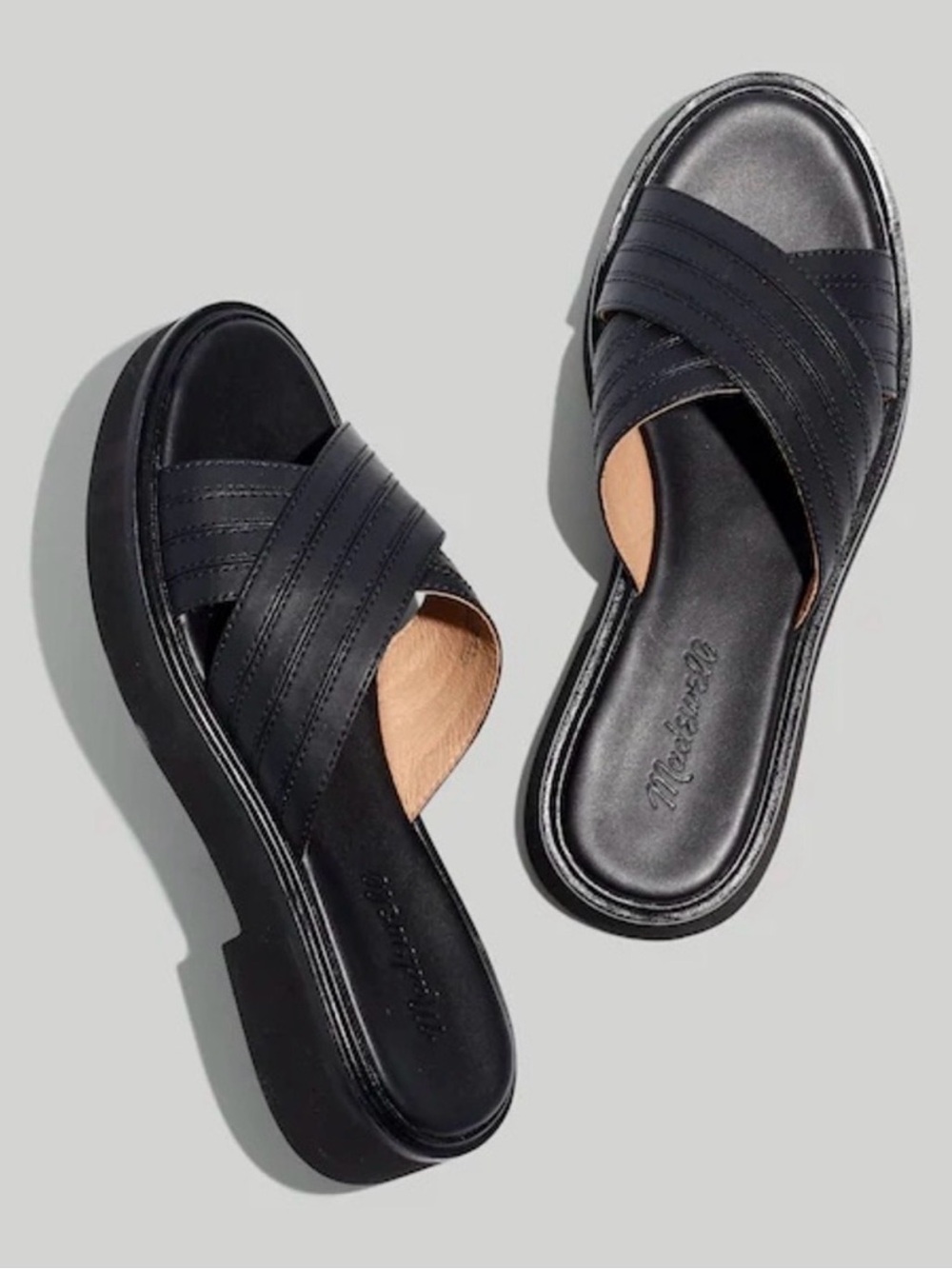 Madewell Black Leather Cross-Band Slide Sandals with Low Platform NWOT